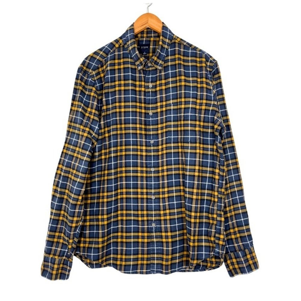 J.Crew Mens Large Flannel Shirt Navy Blue Yellow Plaid Button‎ Down L Basic